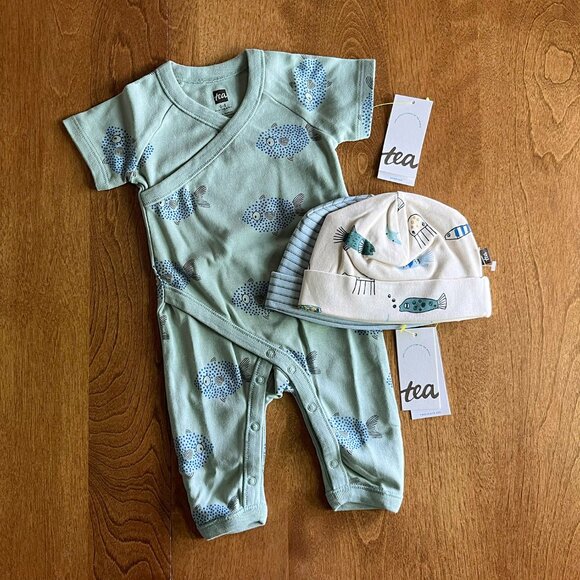 Tea Collection fish romper and hats 0-3m NWT